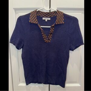 Madewell Navy Knit Polo Top with Brown Check Collar